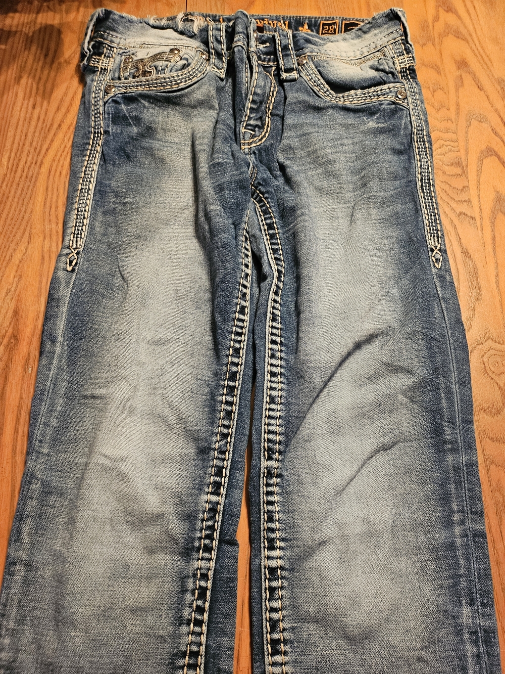 Rock Revival!! Size 28 Embellished Contrast Stitching Blue Denim Jeans